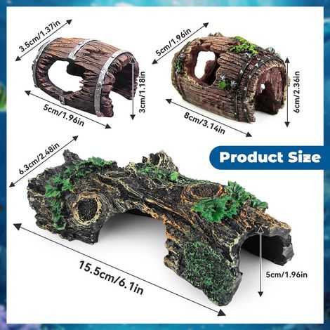 Décoration d'Aquarium Lot de 3 Ornements de Résine Cachette Poisson et Crevette Grotte en Forme de Tronc d'Arbre et Tonneau Abri pour Paysage Aquatique (1/5)