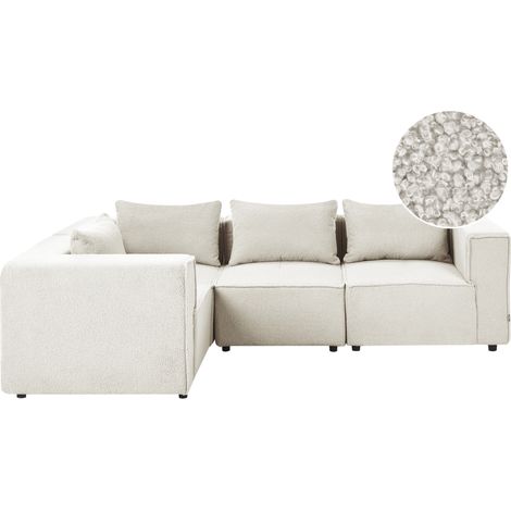 Sofá esquinero derecho moderno 4 plazas modular tapizado de bouclé blanco crema Axebo (1/5)
