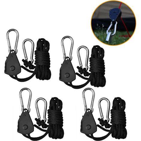 Lot de 4 cintres à cliquet réglables de 1/8 po, pour tente corde, lampe de culture, crochet de poulie, renforcés (1/5)