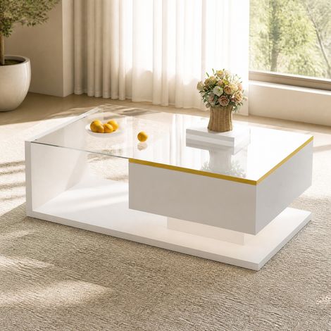 Table basse 90x50x32,5 cm blanc brillant avec LED 16 couleurs, verre trempé et rangement MEUBLIV (1/5)