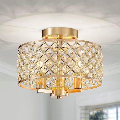 Lustre en cristal, style moderne, plafonnier pour salon, douilles E14 x3 (ampoules non incluses), Ø27 x H22 cm, couronne avec finition laiton vieilli (1/5)