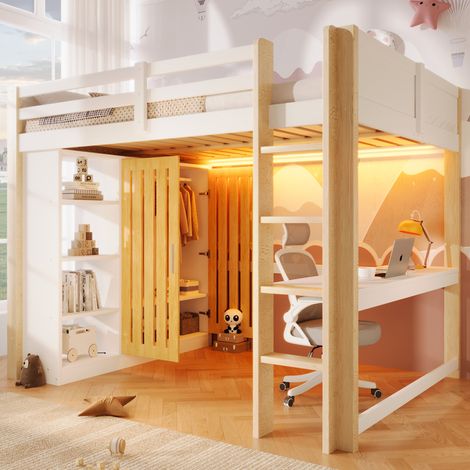 Lit mezzanine scandinave 140x200 cm pin blanc et naturel avec LED, armoire, étagères, bureau et échelle (1/5)