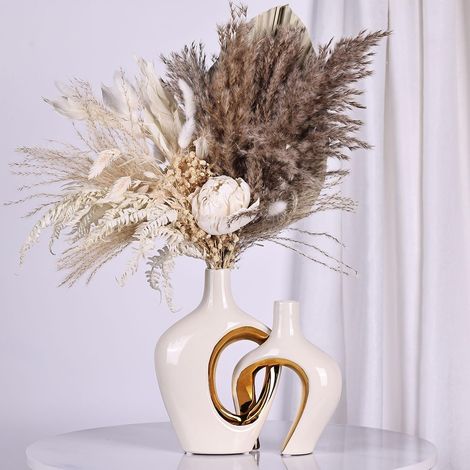 Set de 2 vases en céramique Blanc et Or - Design Nordique bohème Minimaliste pour déco, Style Moderne Donut (1/5)