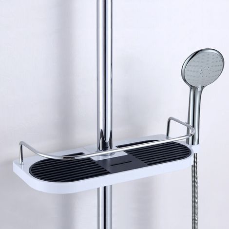 Telescopic Shower Shelf with Adjustable Pole, Aluminum Alloy with 2 Hooks, Towel Organizer, No Drilling Required, Bathroom Shower Shelf, Soap and Shampoo Holder, 1 (1/5)