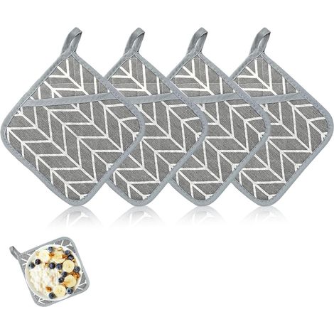 4 Pièces Maniques Cuisine en Coton et Lin Résistants à la Chaleur avec Trous, 17x17 cm Gants Cuisine Carrés en Coton avec Poche, Lavables, Antidérapants, pour Four, Cuisine, Pâtisserie, Gris (1/5)