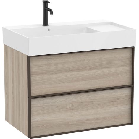 Pack meuble unik "INSPIRA" 800 - 2 tiroirs + lavabo plan en fineceramic - Pin Blanc - Roca (1/2)