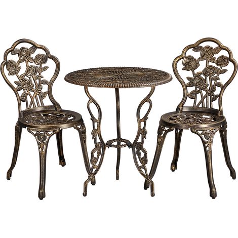 Yaheetech Ensemble de Bistrot 3 Pièces Table de Jardin et 2 Chaises en Métal avec Trou de Parasol Set Bistrot pour Terrasse Véranda Balcon Porche Cour Bronze
