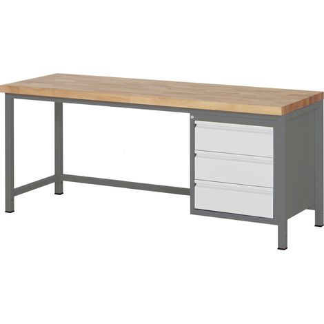 STIER Höhenverstellbare Werkbank Premium, 3 Schubladen, 200x70x84-104cm, Stahl und Buche