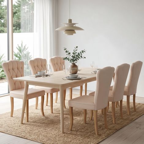 Lot de 6 Chaises Moyen Siècle - Chaise de Cuisine Rembourrée - Pieds Bois Massif et Rivets - Chaise rétro campagne, flanelle Beige