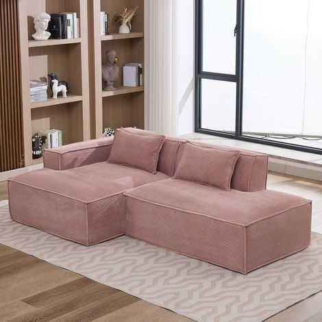 Divano angolare in poliestere rosa baby con seduta a molle insacchettate e 2 cuscini, 233x129x70 cm (1/5)