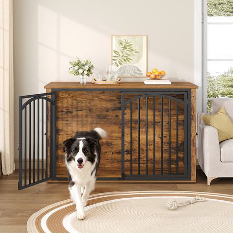 Cage pour Chien, 120 x 65 x 81 cm, Niche D'intérieur, Marron et Noir Meuble Cage Chien et 4 Portes, Cages Bois pour Chiens, Table d'Appoint, pour Chiens de Grande Taille (1/5)