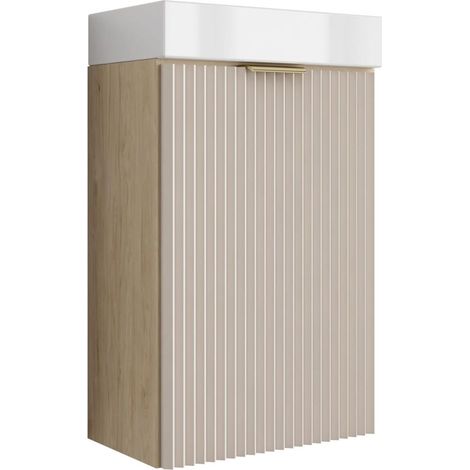 Mobile da bagno con frontale scanalato 40 cm con lavabo, noce chiaro (MDF), con frontale cashmere, con maniglia dorata, 40,5 × 22,5 × 57 cm (1/5)