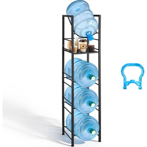 Support de Bonbonne d'Eau, Rack de Rangement pour 4 Bidons de 11L et 19L, 5 Niveaux avec Étagère de Rangement, Cadre en Métal, Pieds Réglables et Poignée, pour Cuisine, Bureau, Salon, Noir (1/5)