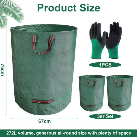 Set di 3 sacchi per rifiuti da giardino da 272 litri, sacchi per foglie autoportanti, guanti da giardino inclusi, con manici, pieghevoli, adatti per rifiuti da giardino, rifiuti verdi e foglie. (1/4)