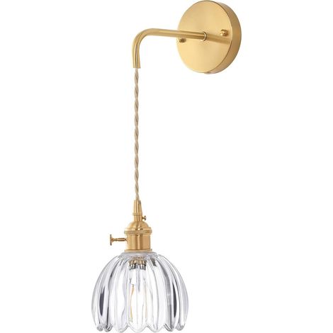 Applique murale vintage en verre cannelé transparent, lampe murale dorée avec douille E27 et interrupteur rotatif pour chambre ou salon (Transparent, 1 pièce) (1/4)