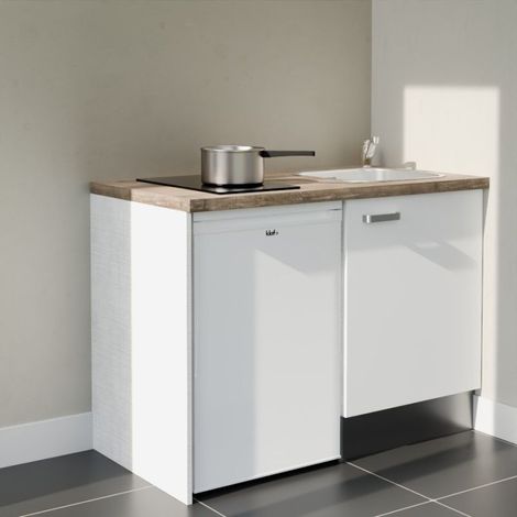 Kitchenette K08L-PT - 120 cm - plan stratifié, évier inox, - Façade Blanc - Plan Bois - Evier Inox - Crédences Non + Electroménager inclus coloris Blanc (1/5)