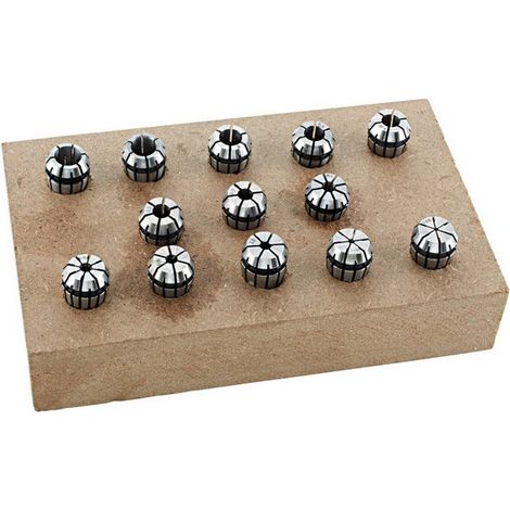 Jeu de pinces de serrage sur socle en bois, Capacité de serrage : 2-16 mm, Pince de serrage type ER25, Contenu 15 éléments (1/2)