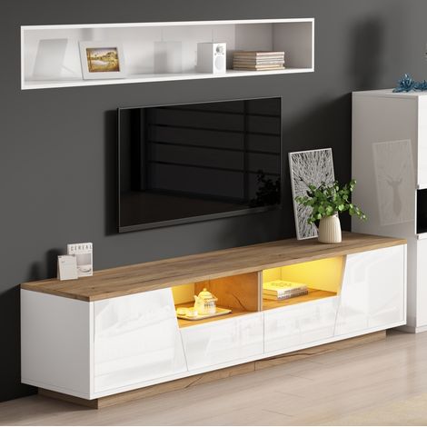 Mobile TV in truciolato bianco e colore legno 180 x 40 x 46 cm con 2 cassetti, 2 ante, vani semiaperti e LED (1/5)