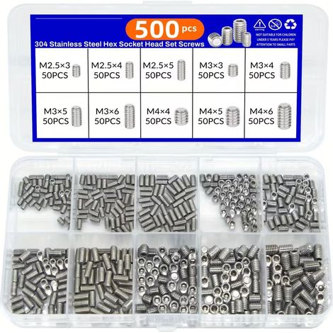 Coffret de 500 vis sans tête à six pans creux en inox 304, vis de pression à bout cuvette, assortiment M2,5 M3 M4, vis pointeau BTR pour assemblage mécanique (1/4)