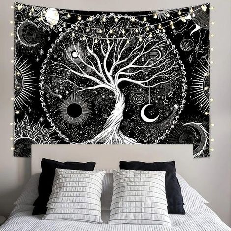 Tapis mural Arbre de Vie 130x150cm, Lune et Soleil Noir, Décor Hippie Psychédélique, Mandala Étoilé, Tenture Murale pour Chambre, Dortoir, Fête (1/4)