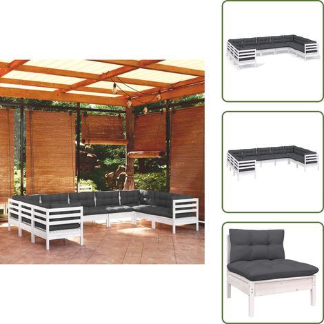 9-tlg. Garten-Lounge-Set mit Kissen Weiß Kiefernholz - Garten Lounge Set - Kiefernholz Möbel - Outdoor Möbel - Loungemöbel - Gartengeräte (1/5)