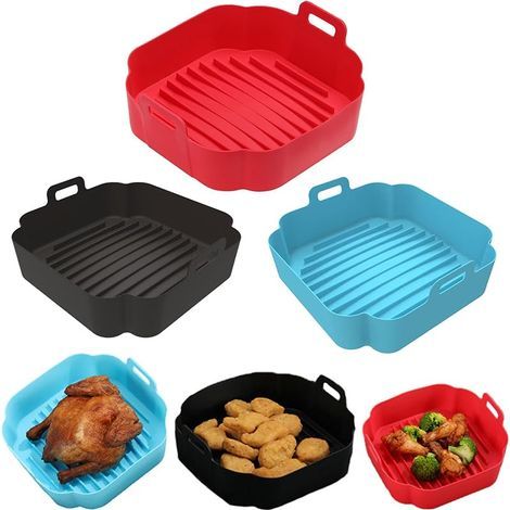 3Pcs Air Fryer Liner Pot Anti-Adhésif en Silicone avec Poignée, 8 Pouces Pot Friteuse à Air Chaud, Moule Airfryer Réutilisables Plat Carre, Panier pour Four, Micro-Ondes, pour COSORI, Ninja, Tower (1/5)