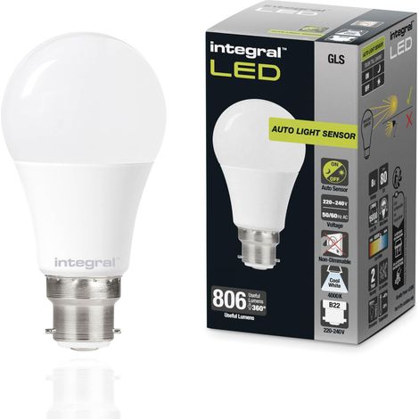 Integral Ampoule LED GLS B22 non-dimmable à double capteur crépusculaire - Blanc froid 4000K, 806lm, 8W (équivalent 60W) - Basse consommation et idéale pour l'extérieur (1/5)