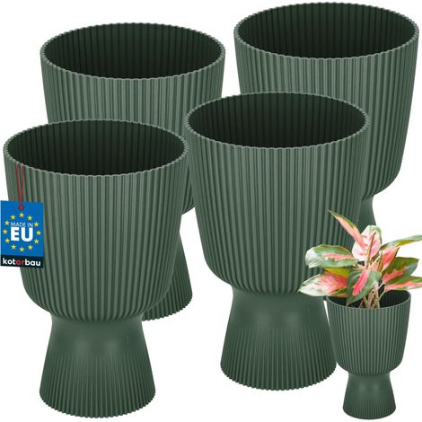 KOTARBAU® Lot de 4 Pot de Fleur  Ø 14 cm - Pot de Fleur Interieur - PVC - Pot de Fleur Exterieur - Pot pour Plante avec Socle - Nervuré - Forme de Coupe - H: 21 cm - Vert (1/4)