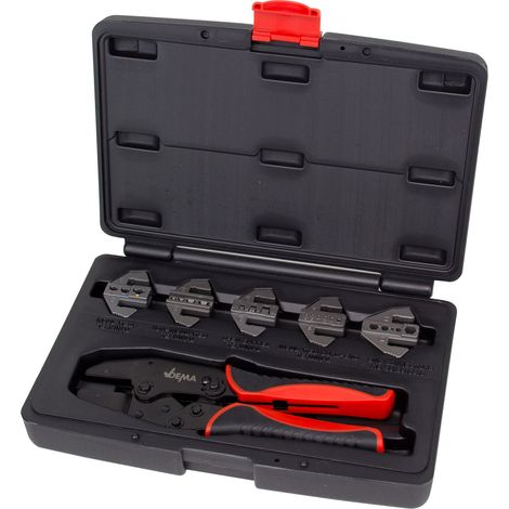 Dema – Pince à sertir cosse 6 pièces – Pour cosses isolées et non isolées 0,25-10 mm² – Coffret de rangement 255x69x220mm