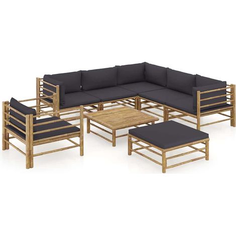 vidaXL Set de muebles de jardín 8 piezas bambú con cojines gris oscuro (1/5)