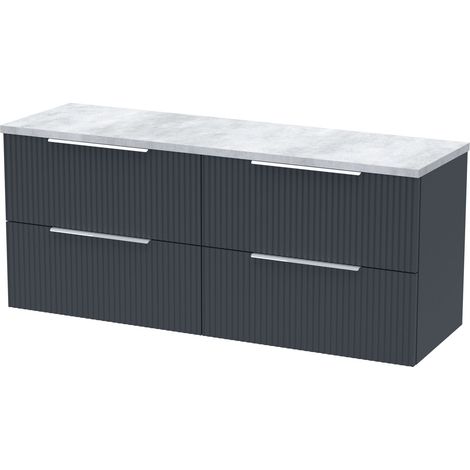 Hudson Reed Fluted Wall Hung 4-Drawer Vanity Unit with Bellato Grey Worktop 1200mm Wide - Satin Anthracite (1/3)