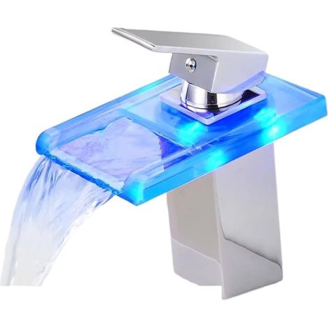 Robinet de cuisine Robinet de lavabo à LED, robinet de cascade en laiton chaud et froid, changement de couleurs de température, robinet de salle de bains, robinet en verre d'évier monté sur le pont (1/5)