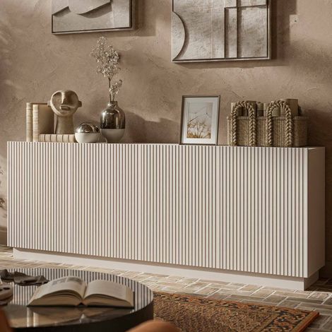 Aparador Masainas, Aparador de salón con cuatro puertas batientes, diseño efecto caña, 150 x 40 x 48 cm, beige (1/5)