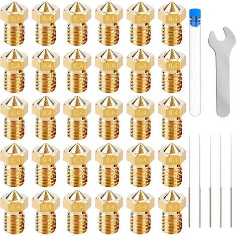 30 Buses d'imprimante 3D, Laiton 0.4mm, Filetage M6, Compatible E3D V5-V6, Kit avec aiguilles de nettoyage