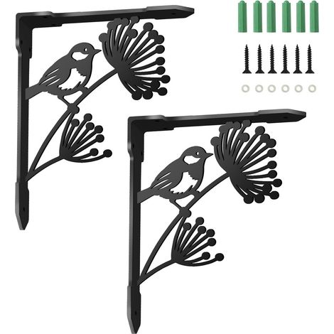 2 Equerre Etagere Murale pour Étagères en Forme de L Support d'Étagère Murale Lourd en Fer 21x17.2x0.4cm pour Bibliothèques et Étagères de Cuisine avec Motif Unique Pissenlit et Oiseau Noir (1/5)
