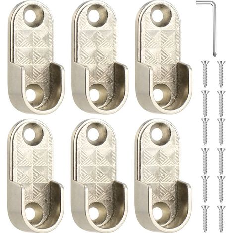 Support Tringle Penderie Ovale 6pcs, Support Barre Penderie (15mm) Alliage de Zinc Nickelé Avec 12 Vis pour Tringle Vetement Dressing (1/4)