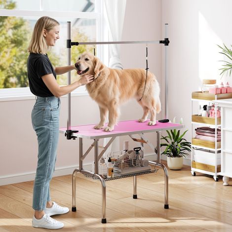 Table de toilettage pliante 107x60x164 cm rose pour chiens avec panier métallique, barre en acier inoxydable réglable