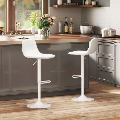 Set di 2 sgabelli alti regolabili a 360° con schienale e poggiapiedi per cucina, bar o sala da pranzo, 40,5x44x84-104 cm, colore bianco.