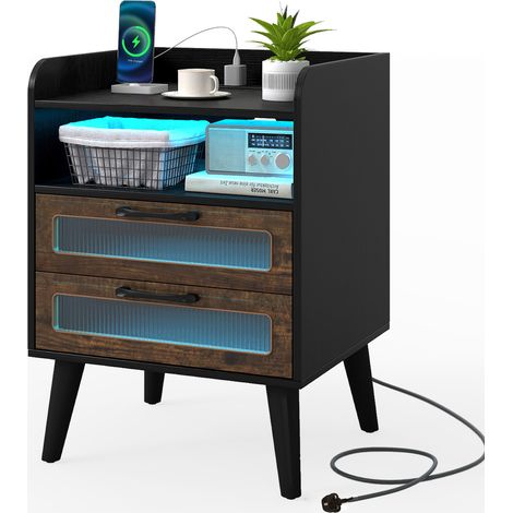 COSTWAY Mid Century Modern Bedside Table Nightstand w/Charging Station-Black (1/5)