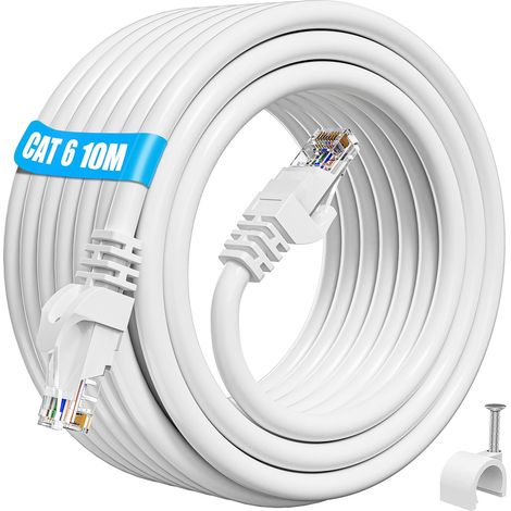 Cable Ethernet 10m, Cat 6 Cable Reseau RJ45 Haut Debit 10 metres Blanc (1/5)