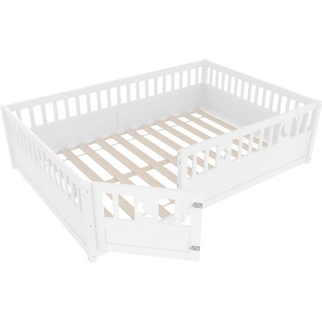 Lit à panneaux, 140 x 190 cm, lit enfant avec barrière, décoration étoiles et lune, sans matelas, style minimaliste, blanc (1/5)