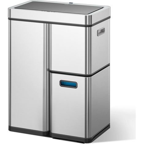Système de tri sélectif à 3 compartiments, 2 x 15 l et 30 l, poubelle de recyclage avec capteur, 3 seaux intérieurs en plastique, poubelle automatique avec couvercle, grande poubelle (1/5)