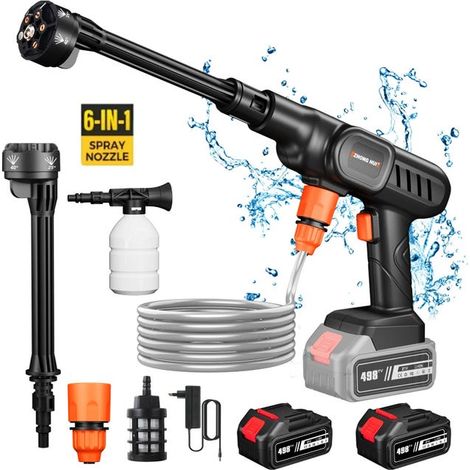 Nettoyeur Haute Pression Sans Fil 6-en-1 - 60 Bar 10L/min, Batterie 10000mAh x2, pour Voiture/Jardin (30,000 tr/min) (1/5)