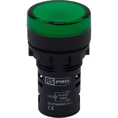 Voyant lumineux LED RS PRO Vert 12V c.a. / V c.c., Ø découpe 22mm, Montage panneau, IP65 ( Prix pour Paquet de 5 )