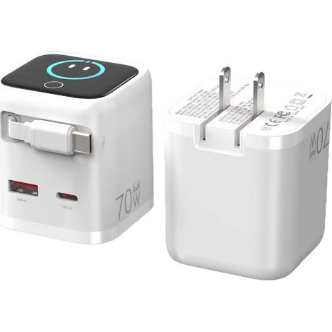 Chargeur portable de voyage avec tête de charge rapide GaN 70 W, charge flash PD3.1 et double port USB-C/A avec écran intelligent. (1/4)
