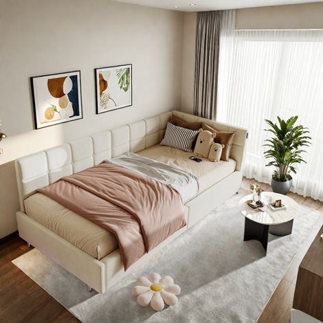Canapé-lit 1 place 90 x 200 avec bande LED - Lit coffret pour adulte - Sommier à lattes - Ports USB et Type-C - Velour beige - Salon/chambre - Style scandinave (1/5)
