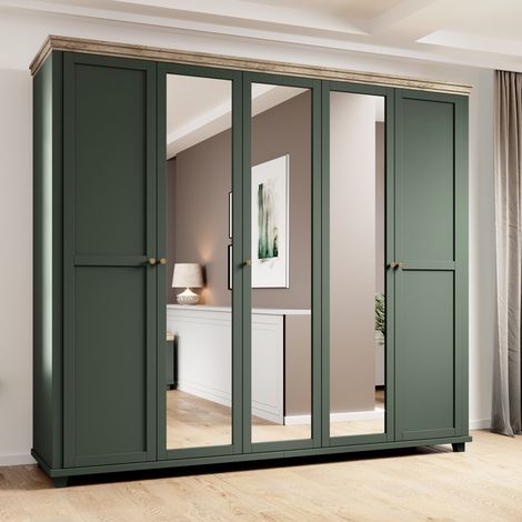 Kleiderschrank Landhausstil EPSOM-83 mit 3 Spiegeln, in grün mit Lefkas Eiche Nb., B/H/T: ca. 246/216/62 cm (1/5)