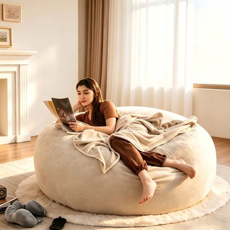 Pouf-canapé géant 6FT (183 cm) – Fauteuil poire moelleux pour adulte au soutien anti-pression, billes écologiques et housse lavable – Idéal pour lecture, chambre et balcon - Beige (1/5)