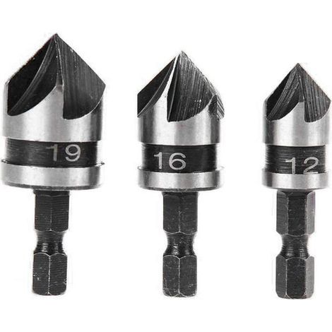 3pcs 90 Degrés 5 Flûte Fraises à Chanfreiner Set Pour Bois, Métal Changement Rapide 1/4" Hex Foret à Chanfreiner en Acier de Bois 12/16/19mm (1/5)