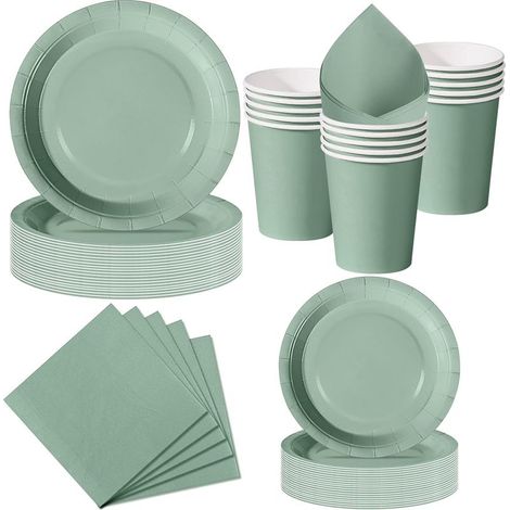Vaisselle Jetable Vert Sauge - 50 Pièces - Carton Épais - 10 Invités - Mariage Fête Jardin